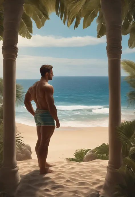 (extremely detailed and high-quality illustration),(Better lighting and shadow effects, ultra-realistic), Praia, homem jovem com um tom de pele de trigo e cabelo branco claro curto, Looking at the ocean with a thoughtful expression,Muscle