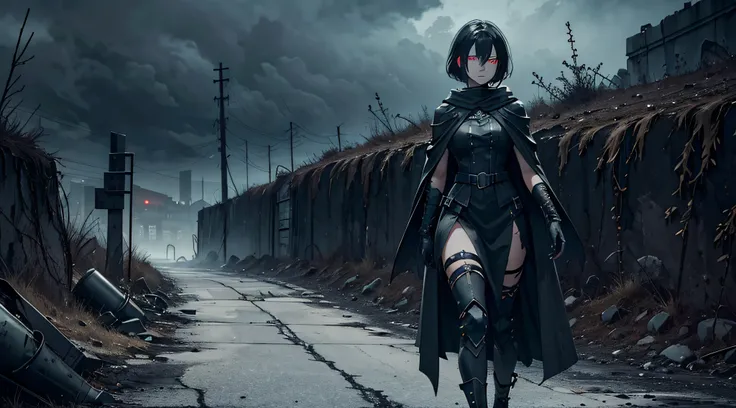 dark landscape, fearful landscape, abomination of desolation, black and gray wastelands filled with nuclear ash, overcast sky, lots of ash, ((empty wastelands)), gloomy monster girl, assembled from different parts girl, horror girl, hastily created girl, e...