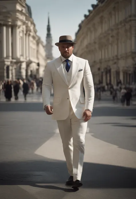 a 30 year old man, fat, very well dressed, with a beautiful white suit, with a white shirt, a blue tie, wearing a white hat, with black shoes, with the posture of being a very rich man and, in a way , from a very large intelligentsia, crossing a square in ...