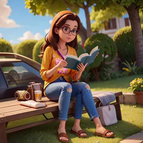 Mulher jovem de 36 anos, olhos pretos, Eyeglasses, Reading a book in a vibrant setting, realista, estilo Disney Pixar, gordinha, Wears a denim blouse and jeans,