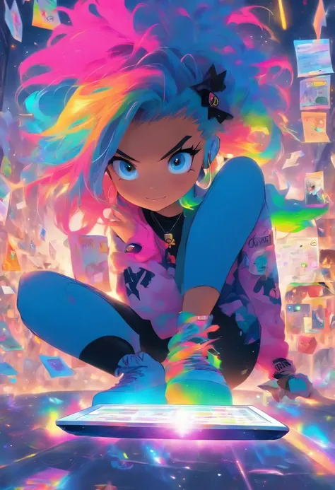 Skater punk style girl with rainbow hair reading emails and messages on her laptop, In the background various message envelope symbols, imagem muito animada