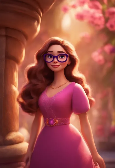 A woman with white skin, long hair and brown with purple glasses in pink dress , Pixar Disney