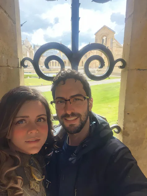 Man and woman standing in front of a window with a wrought iron gate, por Romain brook, foto de perfil 1024px, em um vitral, in a monestry natural lighting, traveling in france, casal feliz, Pendurado no Louvre, vacation photo, sentado em um castelo, ela e...