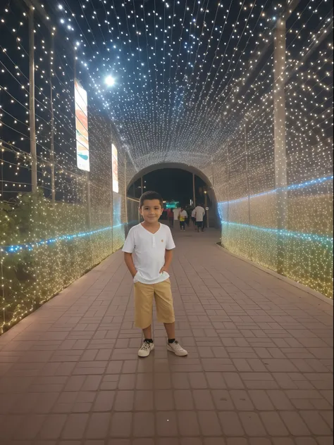 Arafed boy standing on a catwalk with lights on the sides, with glowing lights at night, muitas luzes, garotinho, luzes deslumbrantes, bokeh apenas em segundo plano, cabrito, muitas luzes, at night with lights, luzes acesas, taken with the best dlsr camera...