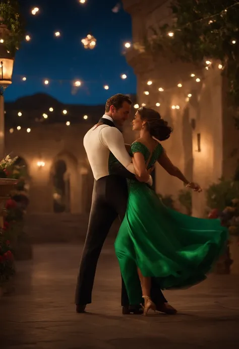 Kerem Bursin de terno, e Hafsanur sancaktutan de vestido longo de pregas verde , Dancing Waltz, em uma noite estrelada, Pixar Disney, ateyla