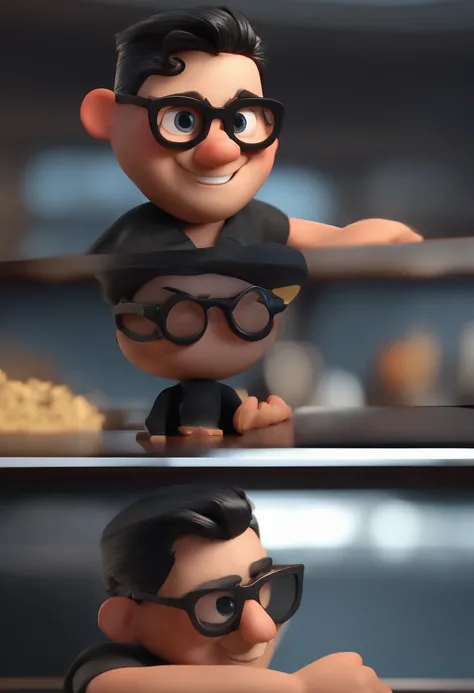 Cartoon character of a man with black aviator style glasses, Slicked-back black hair and a black shirt, animation character, Caractere estilizado, animation style rendering, 3D estilizado, Arnold Maya render, 3 d render stylized, toon render keyshot, Perso...