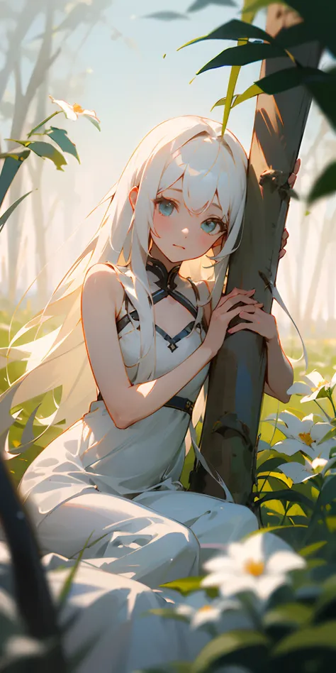 (​masterpiece、top-quality)、One girl with long white hair sitting in a field of green plants and flowers、Look into the camera、Warm lighting、Revealing white dress、Blurred foreground at dusk