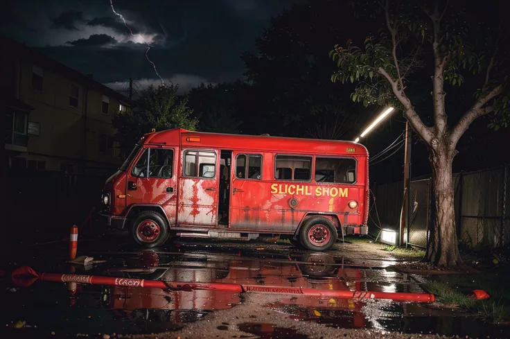 photo of outside a school-bus with (red-liquid:1.2) covering the front door, light on inside, (night), lightening, raining, stormy, (trailer-park), blood on ground and walls, caution-tape, (creepy, horror, scary:1.15), (detailed, high resolution, high qual...