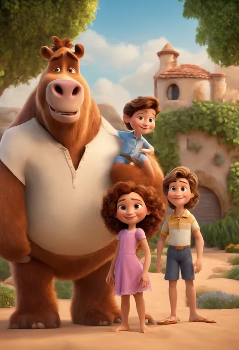 a Disney Pixar movie poster showing a white-skinned family. The father is the tallest, Tem barba curta, loiro, cabelos curtos e espinhosos. The mother has brown eyes and hair, shoulder-length and is slightly overweight. A menina tem 12 anos e cabelos loiro...