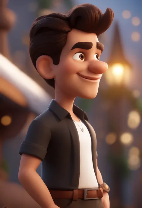 Cartoon character of a man wearing basic black shirt, calca marrom, magro,  com cabelo preto curto, topete caido pro lado esquerdo,  barba grande,  rosto fino, segurando flores , sorrindo,  em um studio de fotos, um personagem animado, Caractere estilizado...