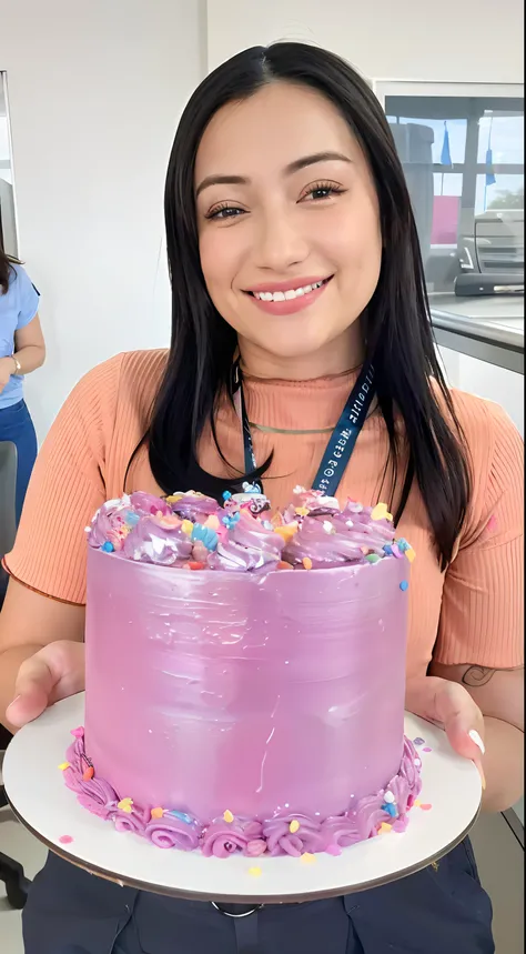 mulher sorridente segurando um bolo rosa com sprinkles sobre ele, holding a birthday cake, Karla Ortiz, Lorena Avarez, cake in hand, Violeta Myers, Alanis Guillen, delicioso, coberto de sprinkles, Directed by: Robbie Trevino, 2 9 anos, 21 anos, bolo, Direc...