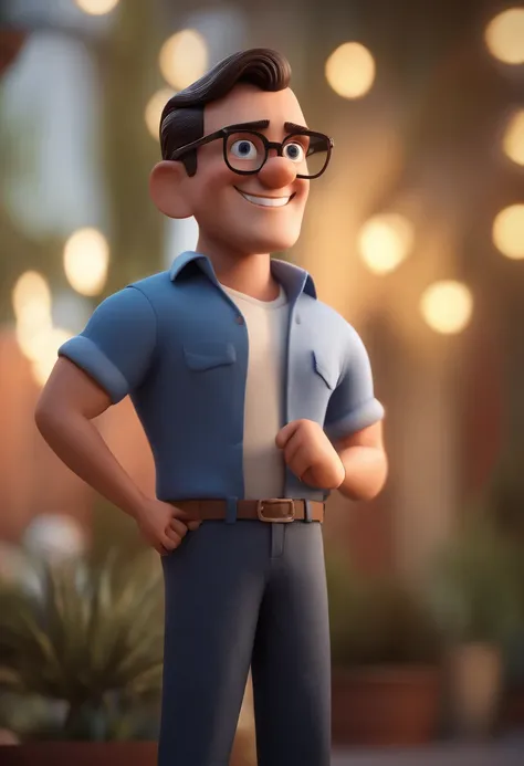 Cartoon character of a man with black glasses and a blue shirt, animation character, Caractere estilizado, animation style rendering, 3D estilizado, Arnold Maya render, 3 d render stylized, toon render keyshot, Personagem 3D, Personagem 3D, 3d rendering st...