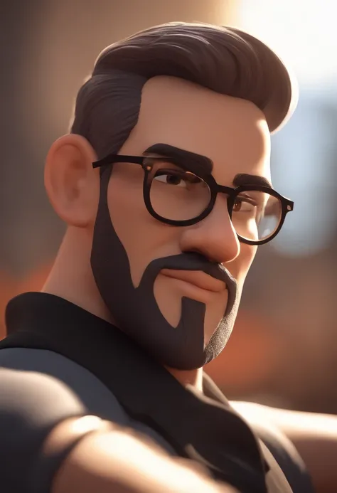 Cartoon character of a man with black glasses and a black polo shirt, cabelo liso, With beard and old school tattoo on his arm, animation character, Caractere estilizado, animation style rendering, 3D estilizado, Arnold Maya render, 3 d render stylized, to...