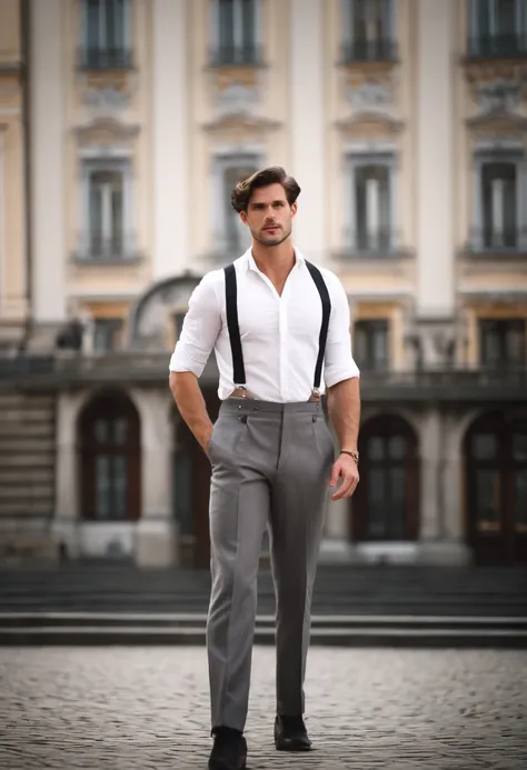 A tall man, 30 years old, dressed in a white shirt, gray dress pants held up by suspenders, black shoes and very well-groomed hair, very strong and athletic, a little rough and serious, but cordial and gentlemanly, crossing a square in Vienna, Austria