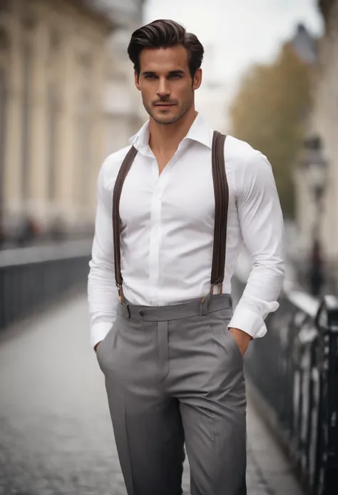 A tall man, 30 years old, dressed in a white shirt, gray dress pants held up by suspenders, black shoes and very well-groomed hair, very strong and athletic, a little rough and serious, but cordial and gentlemanly, crossing a square in Vienna, Austria