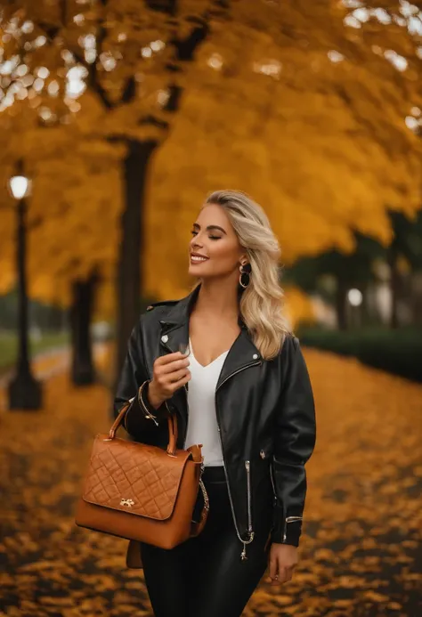 Leana Noëlle McFadden, 23 ans, Blonde, Chignon, tresse, maquillage , yeux marrons, bouche ouverte, Selfie, poitrine importante, vue den bas, bagues aux doigts, rouge à lèvres, blouson marron fermé, collants, bottes, automne, feuilles partout, Pluie, sol mo...