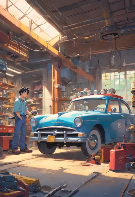 "A masterpiece illustration of Mickey Mouse and Donald Duck as a skilled mechanic repairing a car, With perfect body proportions and an impeccably detailed head, in high definition."