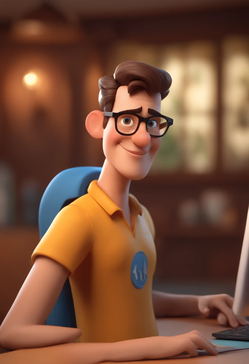 Cartoon character of a brunette man wearing reading glasses and a blue t-shirt, um personagem animado, Caractere estilizado, animation style rendering, 3D estilizado, Arnold Maya render, 3 d render stylized, toon render keyshot, Personagem 3D, Personagem 3...