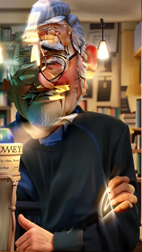 A wise old man standing in front, illuminated by the light of a lamp, against the backdrop of a library