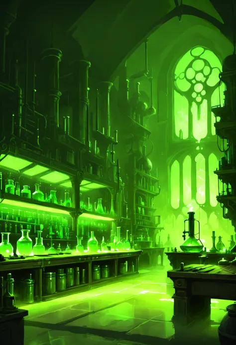 alchemist's laboratory, green glow, painted by andreas rocha