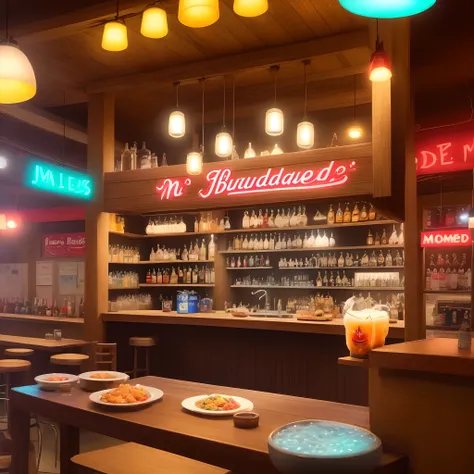 Um barzinho de madeira de canto, estion neon, com uma plaquinha da Budweiser, Hanging bowls, bebidas na prateleira, um toque de Moes