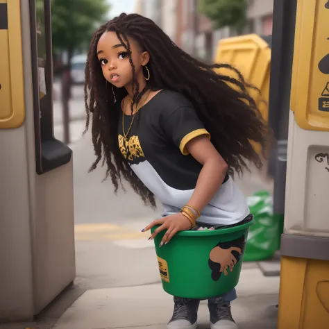 Black girl with long flowy hair big brown eyes. Dressed in urban wear clothes with gold jewelry and long colorful fingernails. Throwing a little man in the trash can