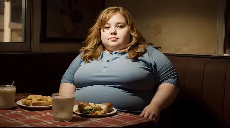 photograph of fat girl sitting at a table with food