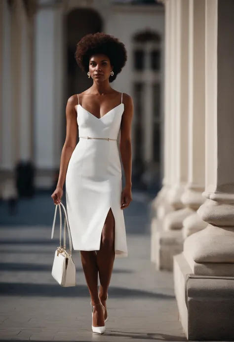 A woman, tall, black, beautiful, model body, short Afro hair, dark brown eyes, 30 years old, with a beautiful luxurious white prada dress clinging to her body up to the heel, and white flat shoes, a white bag on her shoulders. shoulders. Very elegant and a...