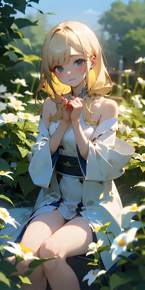 (​masterpiece、top-quality)、One long blonde girl sitting in a field of green plants and flowers、Warm lighting、robe blanche、exposing skin、toppless、Not wearing underwear、Keep your legs open、Blurred foreground at dusk