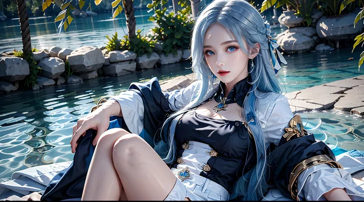 photography awards, masterpiece, blue hair, blue eyes, photorealistic, high resolution, soft light, brooch, waist bow, short shorts, blue suit, multicolored hair, white gloves, black gloves, white shirt, open clothes, water, underwater, ocean, single skirt...