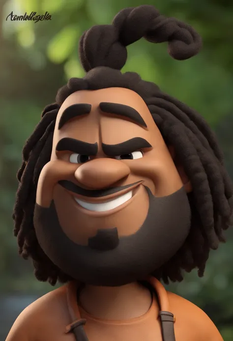 Personagem de desenho animado de um homem com dreadlocks preto,com bigode e cavanhaque usando preto, um personagem animado, Caractere estilizado, animation style rendering, 3D estilizado, Arnold Maya render, 3 d render stylized, toon render keyshot, Person...