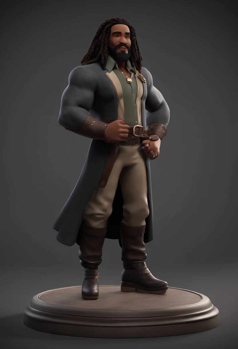 Personagem de desenho animado de um homem com dreadlocks preto,com bigode e cavanhaque usando preto, um personagem animado, Caractere estilizado, animation style rendering, 3D estilizado, Arnold Maya render, 3 d render stylized, toon render keyshot, Person...