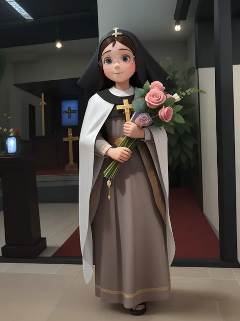 A 3D Pixar style of a 5-year-old girl with transparent glasses holding a crucifix and red roses on a Catholic church altar dressing up as St. Therese of the Child Jesus, Patroness of the Missions, the Saint of the roses and who teaches us to face difficult...