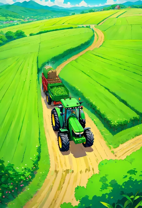 Trator verde, com logos John Deere em sua lataria andando por uma paisagem verde e com lagos a sua volta, The tractor is being watched from the front from above, And this tractor is big with 500 horsepower