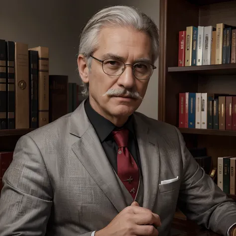 (best quality,4k,8k,highres,masterpiece:1.2),ultra-detailed,(realistic,photorealistic,photo-realistic:1.37),portrait,politician,socialist,62 years old,detailed mustache,detailed glasses,detailed white hair,office,black suit,dark gray vest,red tie,highly de...