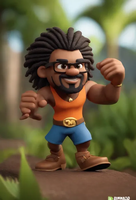 Personagem de desenho animado de um homem com dreadlocks ,com bigode e cavanhaque usando preto, um personagem animado, Caractere estilizado, animation style rendering, 3D estilizado, Arnold Maya render, 3 d render stylized, toon render keyshot, Personagem ...