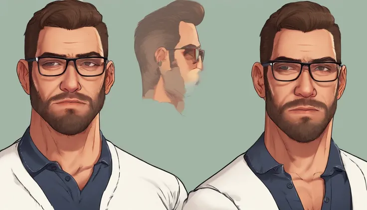 ((best quality)), ((master part)), ((desenhos animados realistas)), ((Personagem perfeito)) - Um retrato frontal meticulosamente detalhado e realista de um homem com cabelo raspado, glasses and a shirt with beautiful textures. O homem olha diretamente para...