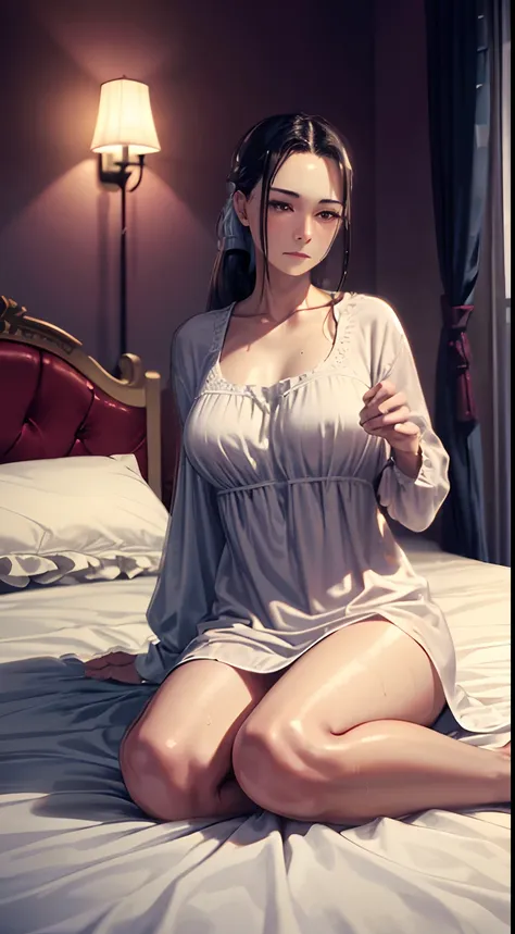 (highres,best quality:1.2),mature female,sitting on bed,nightgown,wet,dim lighting,luxurious bedroom,soft velvet texture,dreamy ...