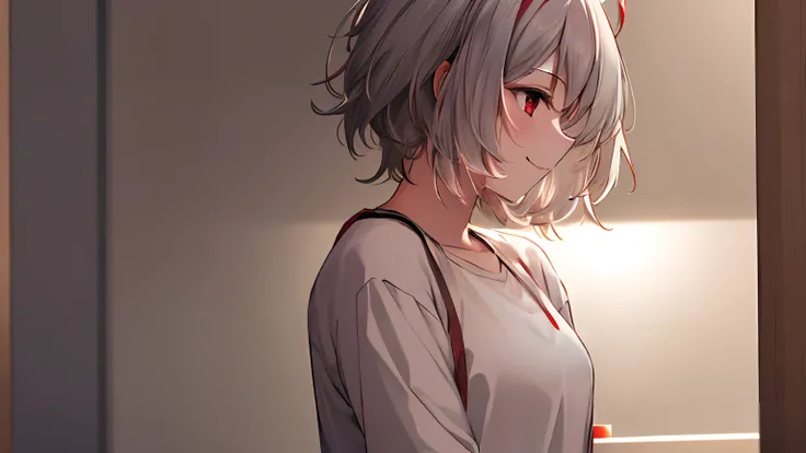 masterpiece, high quality, 8k, beautiful lighting, doga kobo, anime scene, profile, 1girl, nasse, platinum hair, short messy hair, small breast, short posture, red eyes, red halo above, cute, innocent, smile