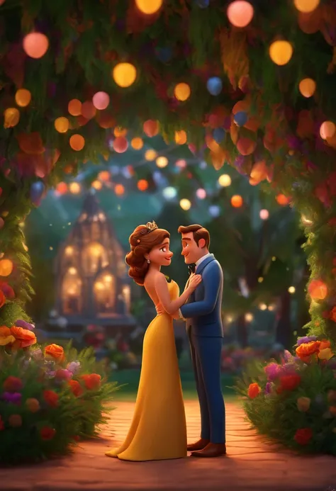 Desenho estilo 3D Pixar de uma festa de casamento