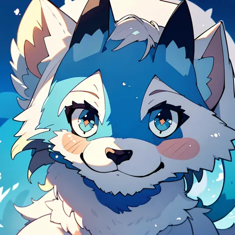 ((Best quality, 8K, Masterpiece: 1.4)),((Amazing detail: 1.3)),((illustration: 1.2)),((high resolution: 1.1)),the watercolor style，(Critters)，Blue solid background，in style of ghibli，head portrait，Anime avatar，Huskies，grin face，Beautifully detailed dogs，st...