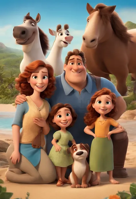 a Disney Pixar movie poster showing a white-skinned family. The father is the tallest, Tem barba curta, loiro, cabelos curtos e espinhosos. The mother has brown eyes and hair, shoulder-length and is slightly overweight. A menina tem 4 anos e cabelos castan...