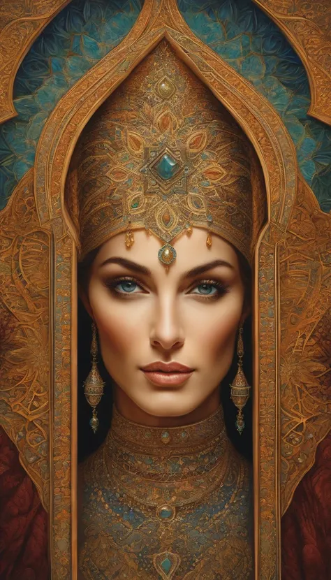 symmetrical woman portriat cicular Islamic ornament, floral, pen drawing with crisp lines by senior concept artist josephine wall, artgerm, norman rockwell, highly detailed, dramatic lighting, Iranian miniature style