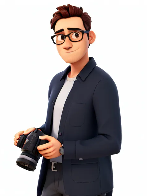 Homem,28 anos,Holding a camera and wearing glasses,com uma terno preto e camisa branca,oculos redondo ,animation character, Caractere estilizado, animation style rendering, 3D estilizado, Arnold Maya render, 3 d render stylized, toon render keyshot, Person...