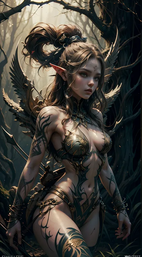 award-winning oil painting, (Elf Hunter, Wild-elf, Strong, toned tattooed body, silky hair), (hunting, bow and arrow), (wild, tight body, agile, hunting posture)), (deep night forest), (hunting))) detailed, soft focus, brown body, marking on face, tribe wo...