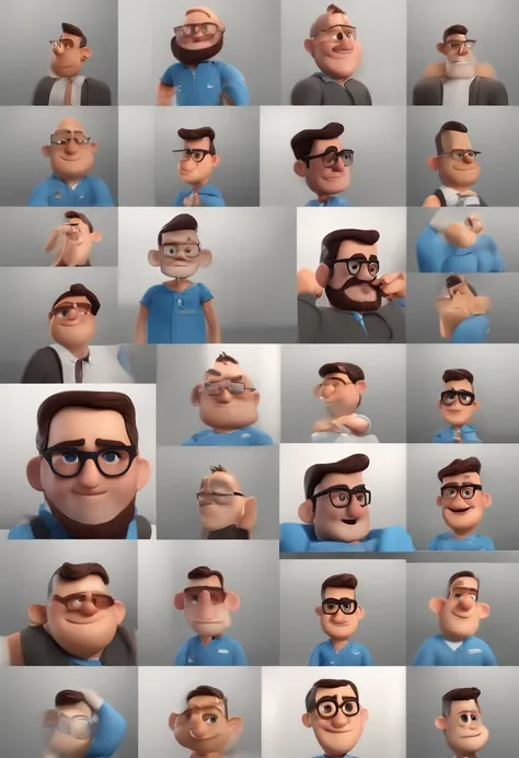 Cartoon character of a man with black glasses and a blue shirt, animation character, Caractere estilizado, animation style rendering, 3D estilizado, Arnold Maya render, 3 d render stylized, toon render keyshot, Personagem 3D, Personagem 3D, 3d rendering st...