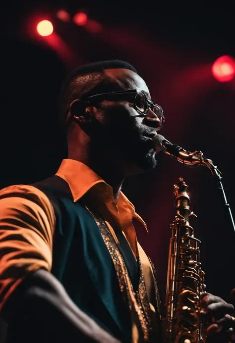 A handsome 40-year-old black saxophonist musician with no beard with rectangular glasses and left ear earring at a stage show with a band with lighting