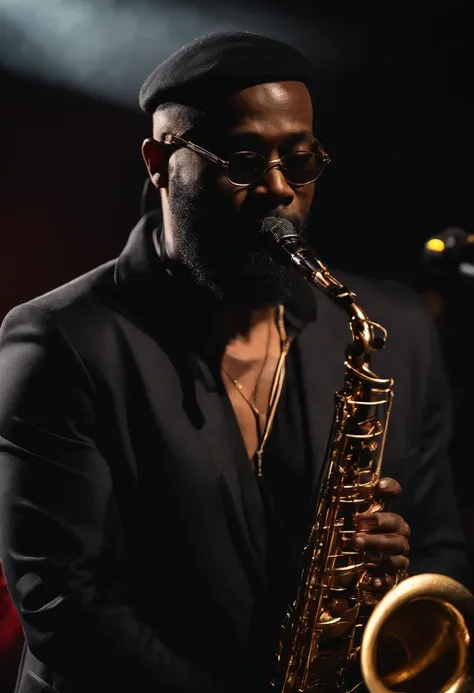 A handsome 40-year-old black saxophonist musician with no beard with rectangular glasses and left ear earring at a stage show with a band with lighting