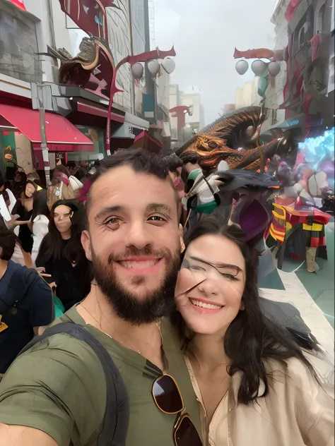 Man and woman taking a selfie with a dragon statue in the background, dragon in the background, com pterossauros voando, dragon flying in the background, Riding a dragon, dragons flying around, Dragoned! Dragoned!, vacation photo, Dragoned! Dragoned! Drago...