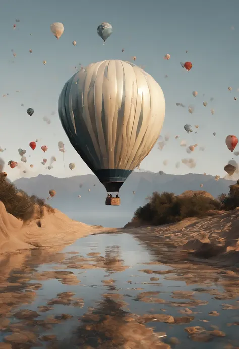 3D rendering of (Hot air balloons spew flames），Fly over the sea, （The bride and groom kiss on a hot air balloon：0.5）, azure sea, White waves crash against the rocks, Reflection of a hot air balloon, beautiful sky,close up photograph,Photography,Clear facia...